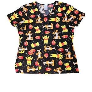Size M Disney Winnie The Pooh & Tigger Performance Scrub Top Black Orange Yellow